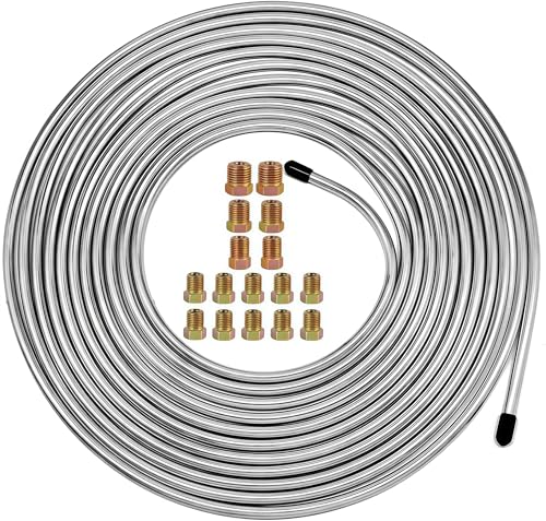 MuHize 25Ft 3/16 Inch Brake Line Kit - Zinc Coated Double-Walled Steel Brake Tubing with 16 Fittings for Car, Truck, SUV, Trailer | Hydraulic Fuel & Transmission Line | Corrosion Resistant