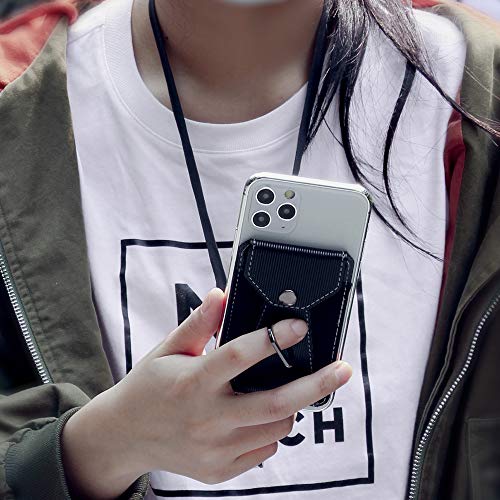 Yunce Cell Phone Card Holder,Card Holder For Back Of Cell Phone With Ring Grip Stand,Adhesive Stick-On Credit Card Wallet Pocket With Detachable Neck Strap Black #TOP4