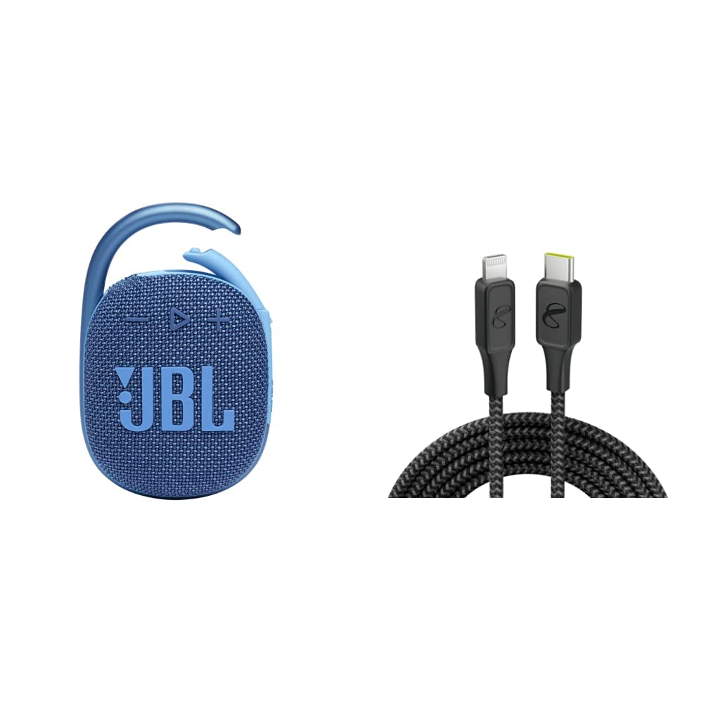 JBL Clip 4 Eco - Ultra-Portable Waterproof Speaker (Blue) and InfinityLab InstantConnect USB-C to Lightning - 20W PD Fast Charging Cable for iPhone and iPad - Black