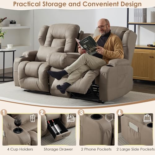 Image of SAMERY 67.6 inch Loveseat Recliner Sofa | Double Recliner Sofa & Console | Wall Hugger Loveseat Reclining RV Theater Seats | RV Couch Home Theater Seating Furniture (Fabric Khaki)