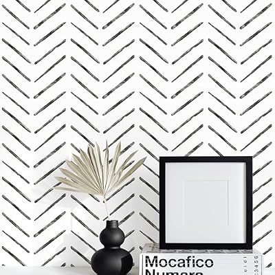 Rugreat Herringbone Peel and Stick Wallpaper Modern Stripe Contact Paper for Cabinets Neutral Self Adhesive Removable Wallpaper for Bedroom Bathroom Waterproof Black and White 78.8inL17.3inW