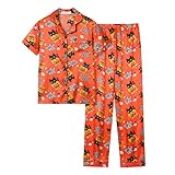 CYCHELRY ビッグガールズサテンパジャマサマー半袖とパンツボタンダウンシルキーユニキッズパジャマ2ピースパジャマセットサイズ8-16, オレンジ パンプキン 猫 ハロウィン, 16