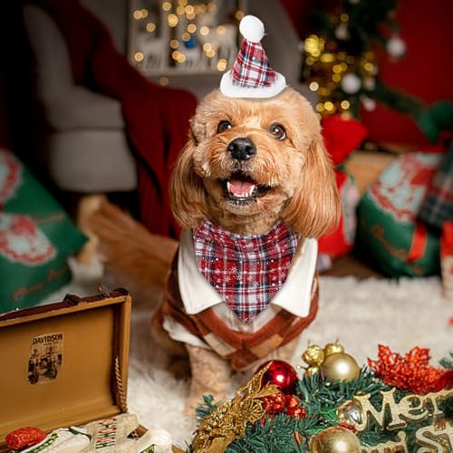 Bandana de Natal para cães, bandana xadrez vermelha de floco de neve, cachecol triangular, chapéu de
