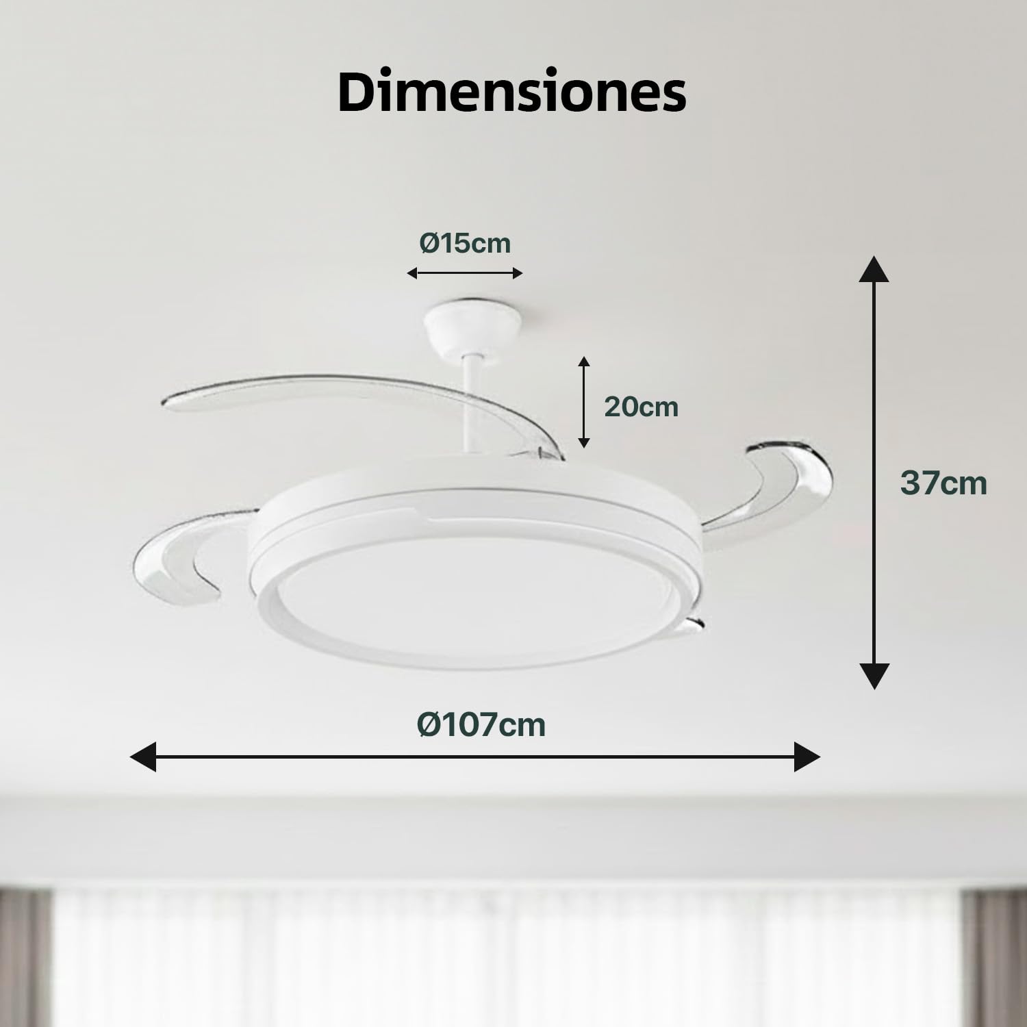 Ventilador con Luz LED 66W + Motor DC 30W, 8280 lm, con mando, Ultra Silencioso con Motor DC, 6 velocidades, aspas retráctiles, 3 temperaturas de luz, función verano-invierno (Blanco Liso)