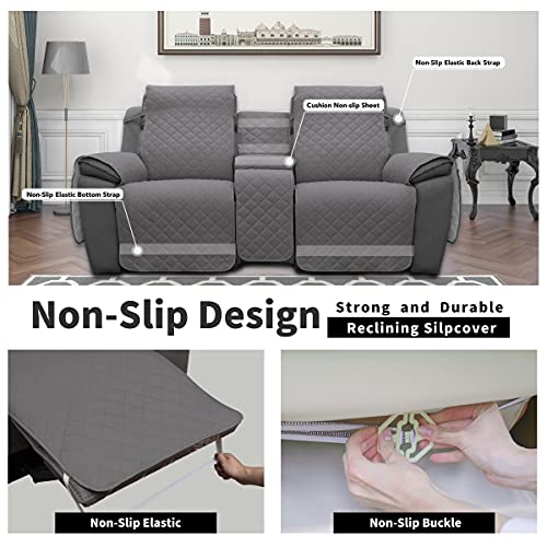 Image of Easy-Going Loveseat Recliner Cover with Console, Reversible Couch Cover for Living Room, Split Sofa Cover for Each Seat with Elastic Straps for Kids, Dogs, Pets(2 Seater, Gray /Light Gray)