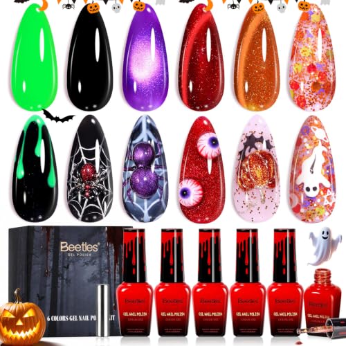 Image of Beetles Halloween Gel Nail Polish Set, 6 Colors Black Orange Purple Green | for Spooky Nail Art, Fall Pumpkin Ghost DIY Manicure, UV LED Soak Off Gel Polish