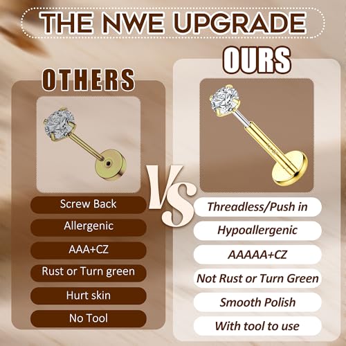 FUNRUN JEWELRY 14K Gold Nose Studs For Women 316L Surgical Steel Threadless Nose Ring Lip Studs Push In Flat Back Stud Earrings Cz Nose Nostril Tragus Helix Body Piercing Jewelry Silver Gold 20G 18G3