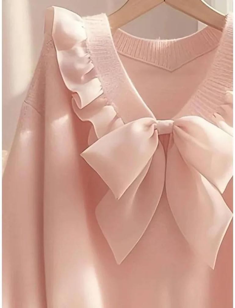 Women's Bow V-Neck Ruffles Patchwork Knitted Pullover Women Long Sleeve Loose Sweater Tops