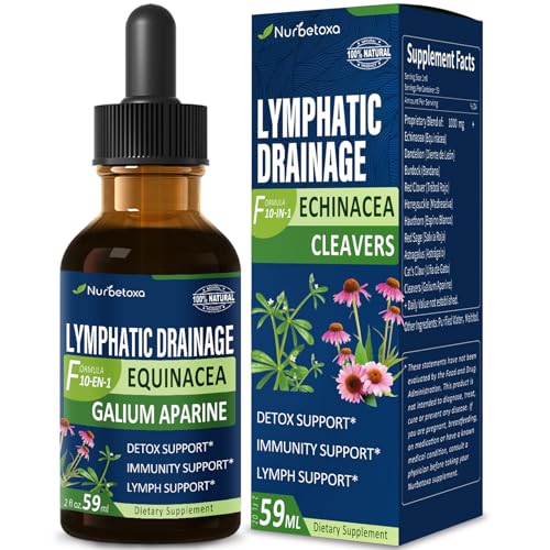 Nurbetoxa Cleavers Lymphatic Drainage Drops for Lymph System Detox Cleanse Lymphedema Support Supplement Formula w/Echinacea Cats Claw Red Clover Extract Tincture Use with Lymph Massage Tool. 2oz