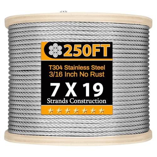 Thickened3/16 Stainless Steel Cable 250FT Wire Rope 7X19 Strands Aircraft Cable 4000lbs Breaking Strength for Pulling Lifting Deck Cable Railing System Zip Line Line Lights and DIY Balustrade
