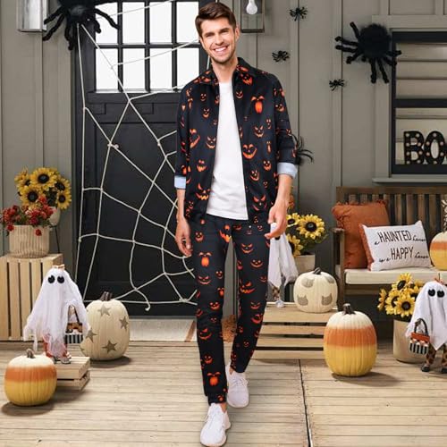 Image of Arssm Men Halloween Outfits Sets Pumpkin Tracksuit Jacket and Jogger Sweatpants Cosplay Party Daily Wearing(BlackPumpkin-M)