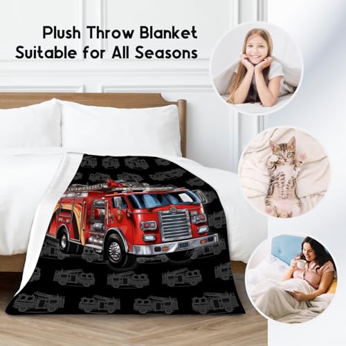 Toddler Blankets for Boys, Cozy Soft Fire Truck Throw Gifts for Kids, Black Flannel Firefighter Blankets for Couch Sofa, 40x50 Inches