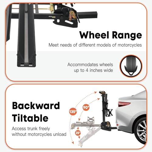 Image of CRAVOT Motorack M1 Motorcycle Hitch Carrier with Ramp, 350lbs Capacity | Dirt Bike Carrier, Foldable Hauler Hitch Mount Rack Anti-Rattle Up to 4-inch Fat Tire 2 inch Receiver
