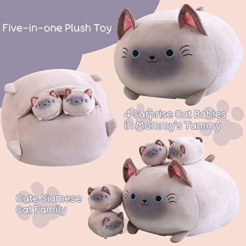 SQEQE Siamese Cat Plush, Cute Siamese Cat Stuffed Animals Mommy with 4 Squishy Kitties in Her Tummy, Soft Plushies Pillow Gifts for Kids - 2