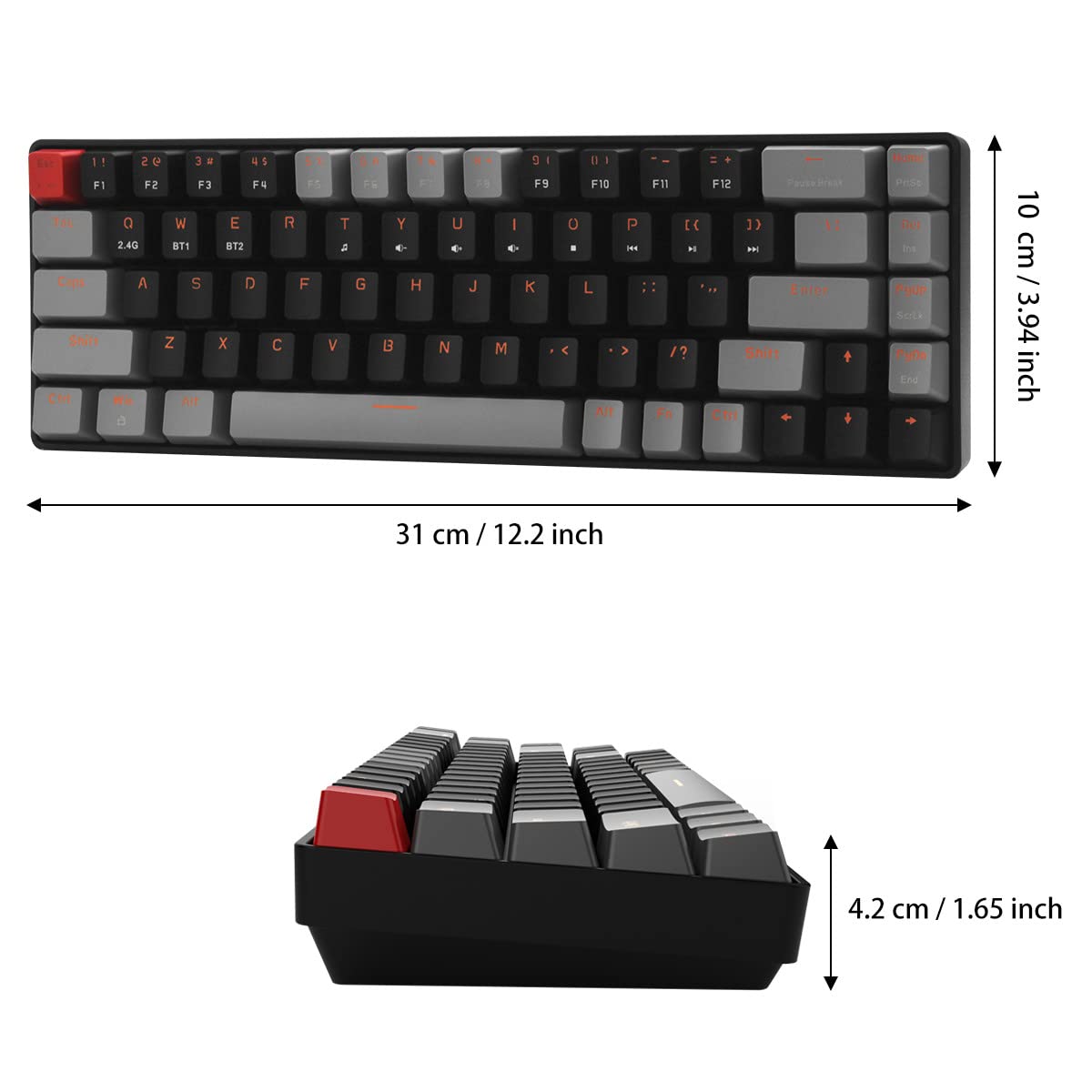 Qisan Tastiera meccanica wireless Gaming Keyboard Brown Switch Mini Design (60%) 68 tasti layout US grigio e nero