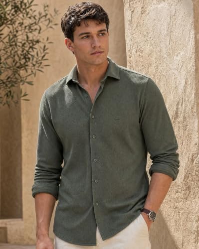 Image of Nobero Textured Popcorn Shirt for Men | Cotton Shirts for Men in 280 GSM Popcorn Knit | Stand Collar | Regular Fit | Full Sleeve