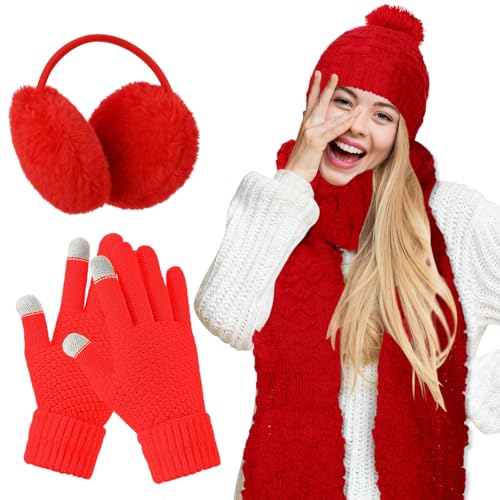 JenPen 4 Pcs Winter Hat Scarf and Gloves Set for Women Include Ear Cover Cold Weather Scarf Hat Knit Beanie Gloves(Red)