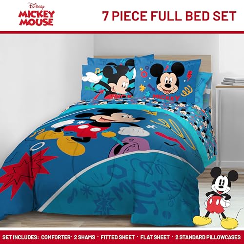 Image of Disney Mickey Mouse Full Size Comforter Set 7 Piece Kids Bedding, Blue | Bed in a Bag, Comforter Sheets Shams Pillowcases, Official Product, Soft Microfiber, Machine Washable, Boys Gift