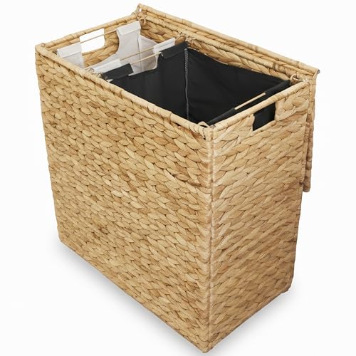 naturlik Panier à Linge 2 Compartiments (120L) – Trieur de Linge avec Sacs Amovibles & Couvercle – Jacinthe d'Eau Tressée à la Main – Corbeille à...