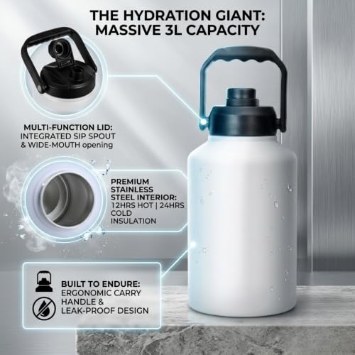 Image of 2 liters Water Bottle Insulated Stainless Steel | Large Sports Thermos 6 Hours Hot & Cold Water | Thermosteel Bottle for Gym, Travel, Office & Outdoor | Anti-Slip Base,Carry Handles, White