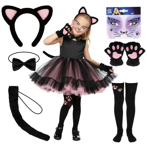 Xerteam Cat Costumes Kids Cat Cosplay Set with Plush Headband Furry Fingerless Gloves Cat Face Stickers Bow Tie Over-knee Stockings Cat Tail Animal Dress Up Kids Adult for Halloween Party Carnival