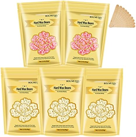 Bouvetan 16.5oz Hard Wax Beans for Painless Hair Removal, Waxing Beads for Face Eyebrow Armpit Legs Brazilian, Wax Beads for Hair Removal Kit with 10pcs Wax Sticks (3crean) (2Pink)