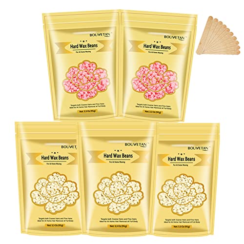 Bouvetan 16.5Oz Hard Wax Beans For Painless Hair Removal, Waxing Beads For Face Eyebrow Armpit Legs Brazilian, Wax Beads For Hair Removal Kit With 10Pcs Wax Sticks (3Crean) (2Pink) #TOP4