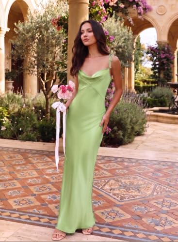 Image of 2026 Satin Cowl Neck Spaghetti Strap Maxi Dress for Women Bridesmaid