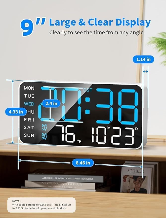 Image of 9 inch LED Digital Wall Clock with Date, Day, Temperature Display & Dual Alarm - USB Powered, Adjustable Brightness - Ideal for Bedroom, Office, Seniors, Home Decor (9 inch REC Blue & White)