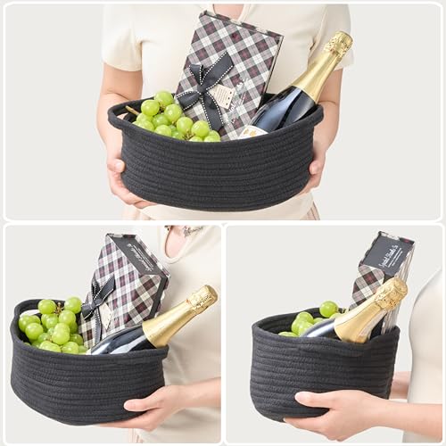 Image of 2-Pack Small Woven Gift Baskets Empty with Bags & Ribbons - Gifts for Father's Day, Baby Shower, Birthdays & Raffle - Cotton Rope Storage Basket for Dog Toys or Shelf - 12 inchx8 inchx5 inch, All Black