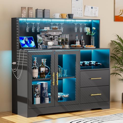 GIODIR Home Bar Cabinet with Adjustable RGB LED Light, Wine