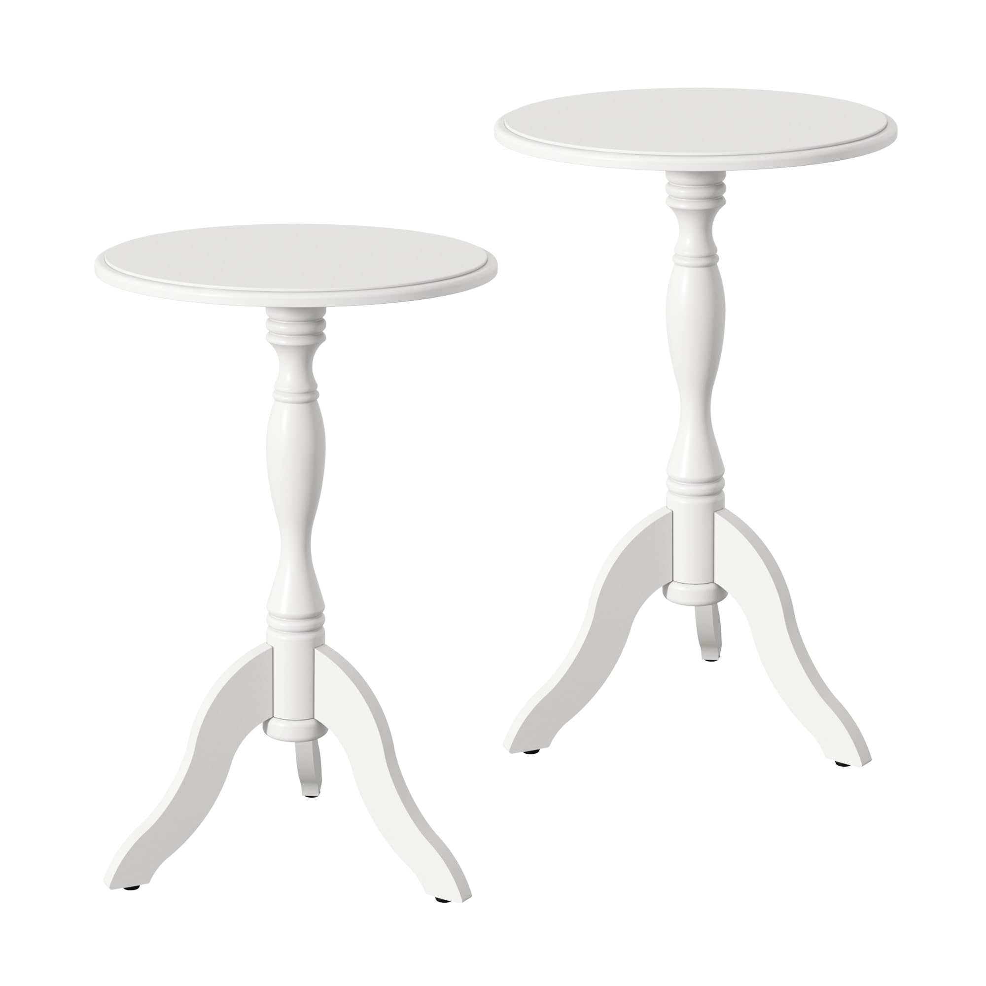 HLR Round Small End Table Set of 2, Wooden Pedestal Side Coffee Table, 2pcs Vintage Accent Nightstand for Living Room, Bedroom, Entryway, Pure White