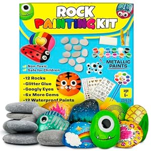 JOYEZA Rock Painting Kit Deluxe, Arts and Crafts for Girls Boys Age 6+, 12 Rocks Tween Gift Art Set, Waterproof Paints, Craft Kits Art Supplies, Kids Crafts Ages 6-8, Kids Activities 6 7 8 9 10