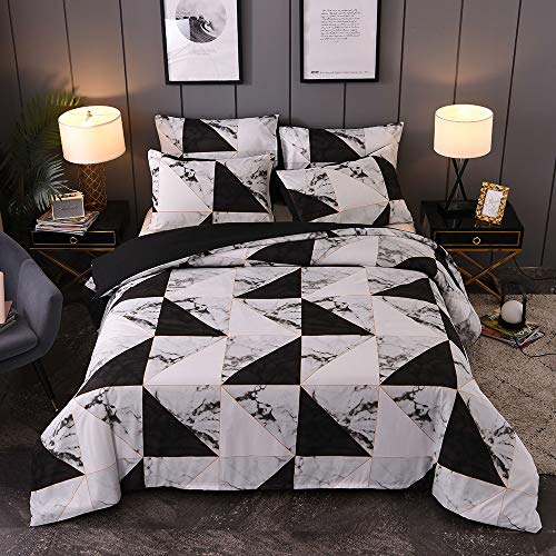Linge de Lit Motif Géométrique et Marbre, Microfibre Imprimé Housse de Couette 140 x 200 cm avec 1 x Taies d'oreiller 50 x 70 cm, Literie Parure avec Fermeture Éclair pour 2 Personnes, Triangle Cover