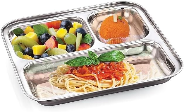 Stainless Steel 3 Compartment Rectangle Plate (Silver, Set of 6)