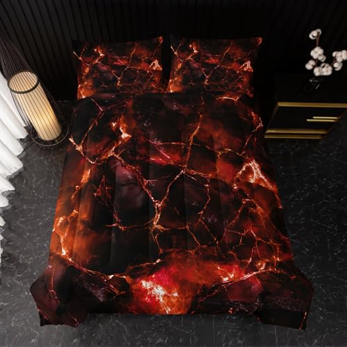 Image of Nttopship Orange Comforter Set Queen Size,Orange Marble Bedding Set 3 Pcs Bedding for Adults, Marble Room Decor with Comforter and 2 Pillowcases Soft and Lightweight B-Side Black