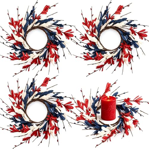 Image of 4 PCS Patriotic American Candle Rings Wreaths 4th of July Red White and Blue Floral Candle Rings Holder with Forsythia Flowers Mini Independence Day Wreath for Party Home Table Centerpiece Decor