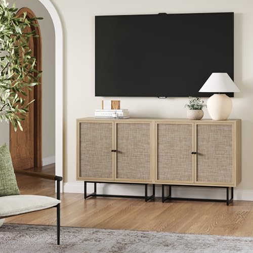 Nathan James Kova Rattan Wood Accent Sideboard Storage Cabinet TV Stand with Matte Metal Frame, Adjustable Shelves and Cane Doors, for Hallway, or Living Room, Light Oak/Cane/Black, Set of 2