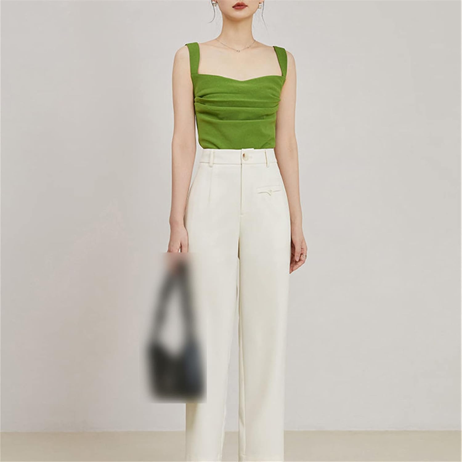 High Waist Casual Trousers Office Worker Simple Straight Cropped Trousers Pocket Decorative Twill Women's Trousers