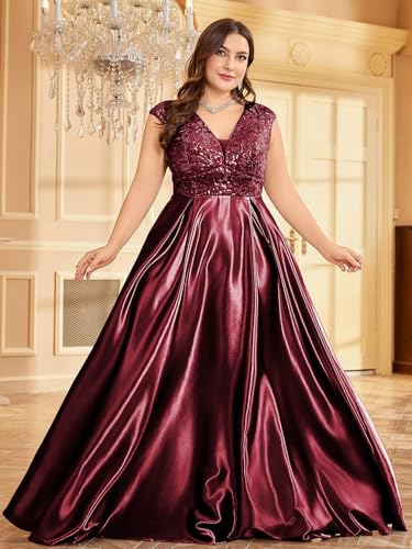 Image of Plus Size Satin Mother of the Bride Formal Gown for Wedding Sleeveless V-Neck Evening Dress