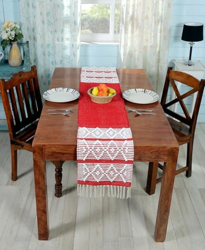 Image of Handwoven Designer Organic Cotton Table Runner for 6 Seater Dining Table |Center Table | Patio Table |Coffee Table (14*72 INCHES)|RED D| TRBL 019
