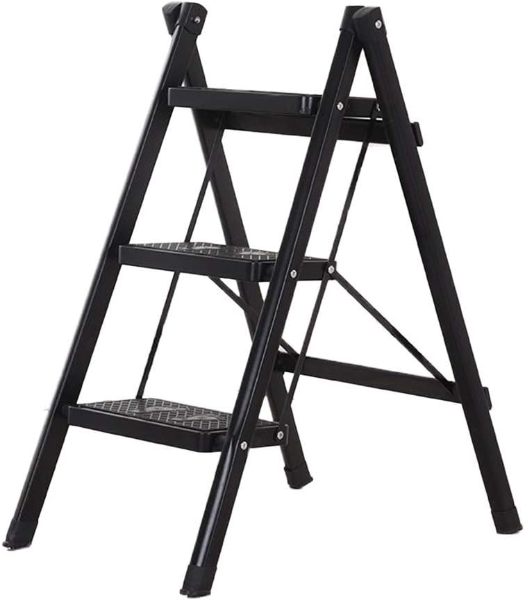 Step Stool Three-Step Ladder,Metal Folding Ladder Multi-Function Household Ladder Multiple Colour Household Ladder/Black/48X6X90Cm