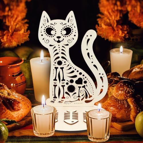 Weysat Altar De Muertos Vela Para Animalitos Mascotas Gato Perro Dia De Los Muertos Cat Ofrenda, Wooden Self Painting Color Sugar Skulls Cat Papel Picado, The Day of The Dead Supplies Decorations
