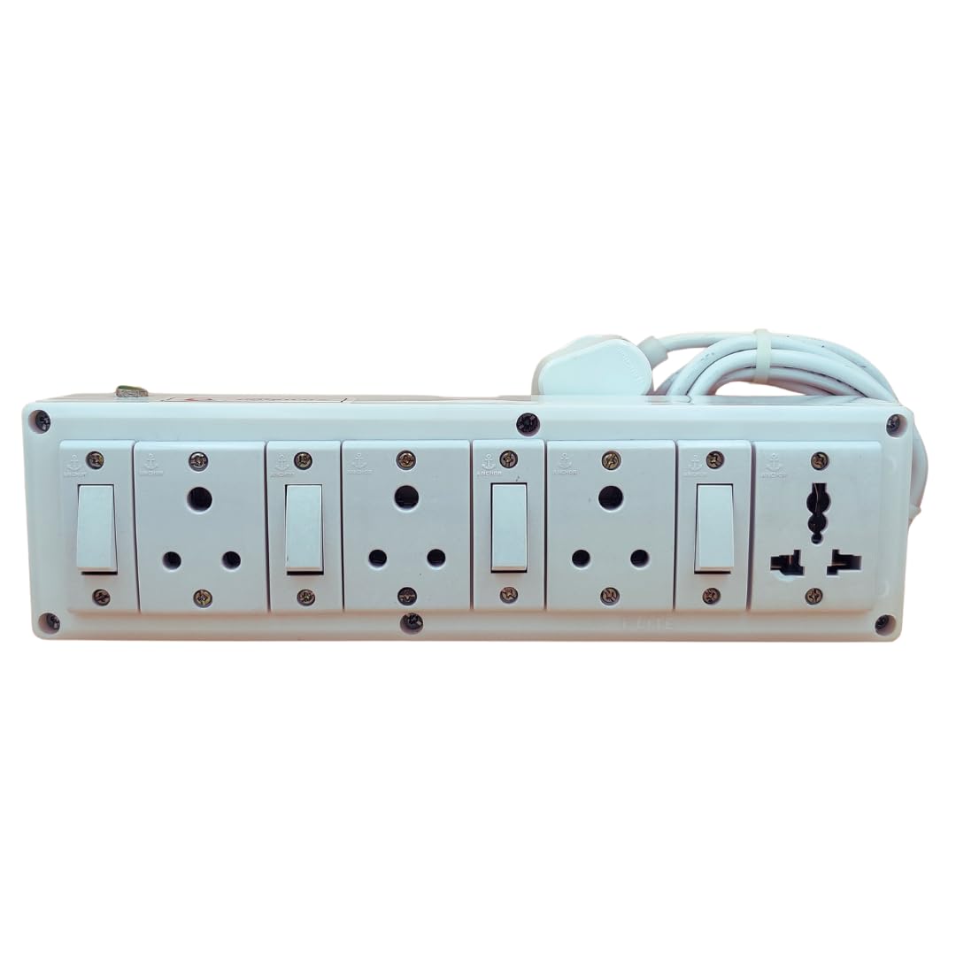 Electric Junction Box Multi Outlet Power Board with individual Switch Socket with heavy Duty Long Extension Cable Strip Cords for Home (4+4) White-Green/Blue Pack of 1 (20 Meter Cable)