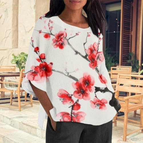 Womens Tops 3/4 Sleeve Japanese Art Print Cotton Linen Crewneck Summer Lounge Loose Fit Casual Shirts - Image 2