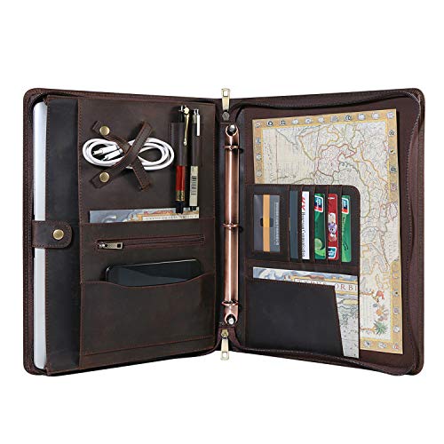 Handmade Genuine Leather Portfolio, Zippered Padfolio with 3 Ring Binder, Professional Business Organizer, Resume Folder, Notebook Organizer with Tablet Document Holder for Men, Women, Business Trip