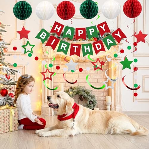 Image of Red Green and White Birthday Decorations,Christmas Happy Birthday Banner with Paper Decor Balls,Stars Hanging Swirl Streamers,Happy Birthday Decorations for Women Men Girls Boys