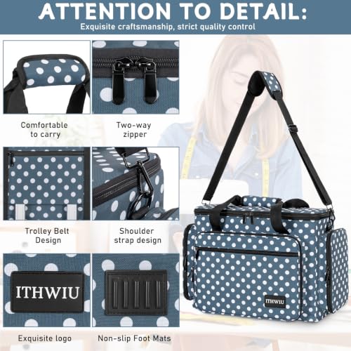 Image of Sewing Machine Carrying Case with Multiple Storage Pockets Large Capacity, Universal Tote Storage Bag Compatible with Most Standard Singer, Brother, Janome, Blue Dots