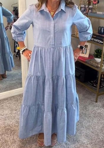Image of chouyatou Women's Loose Fit Puff Sleeve Maxi Tiered Babydoll Dress V-Neck Cotton Long Button Down Dress