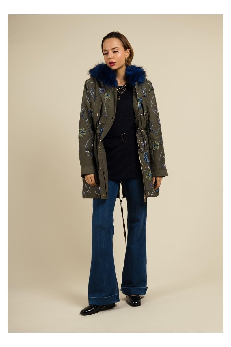 MULTIPLES Manteau kaki brodé de fleurs avec capuche en fourrure bleu, Grande taille disponible, Fabriqué en France
